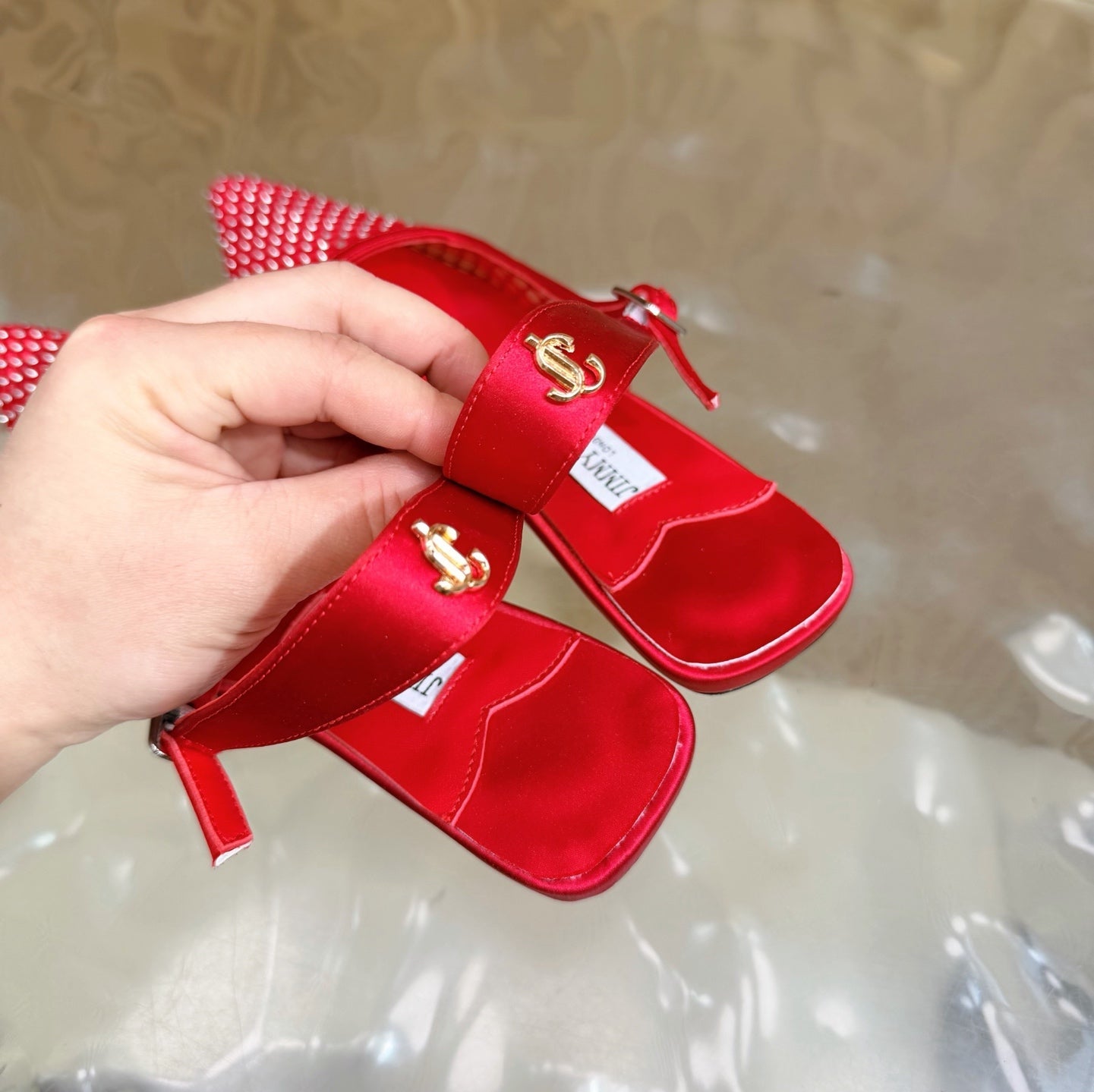 JIMMY CHOO 26S SLINGBACK HEELS 60 MM IN RED MESH & CRYSTALS