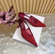 JIMMY CHOO 26S SLINGBACK HEELS 60 MM IN DARK RED MESH & CRYSTALS