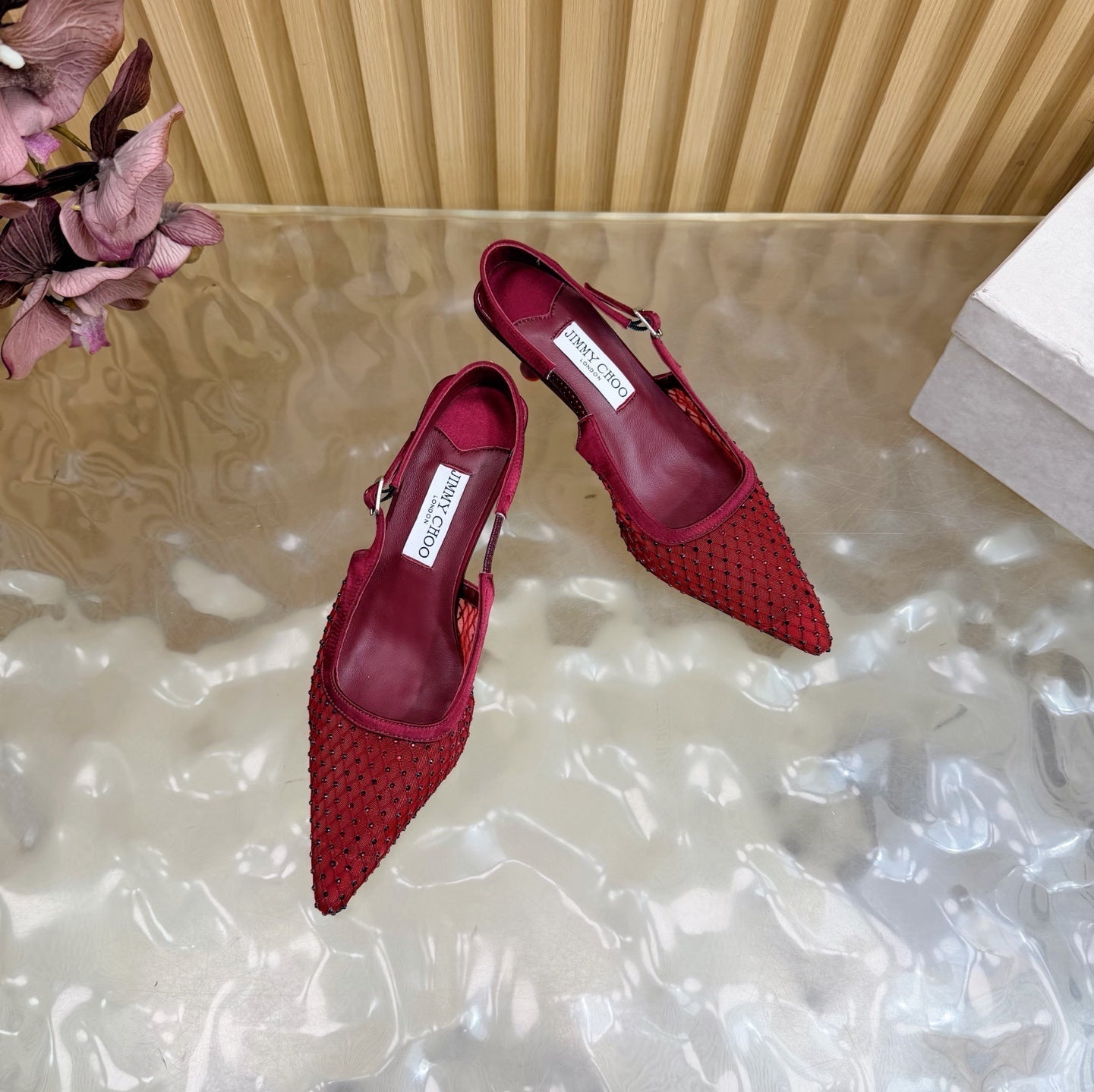 JIMMY CHOO 26S SLINGBACK HEELS 60 MM IN DARK RED MESH & CRYSTALS