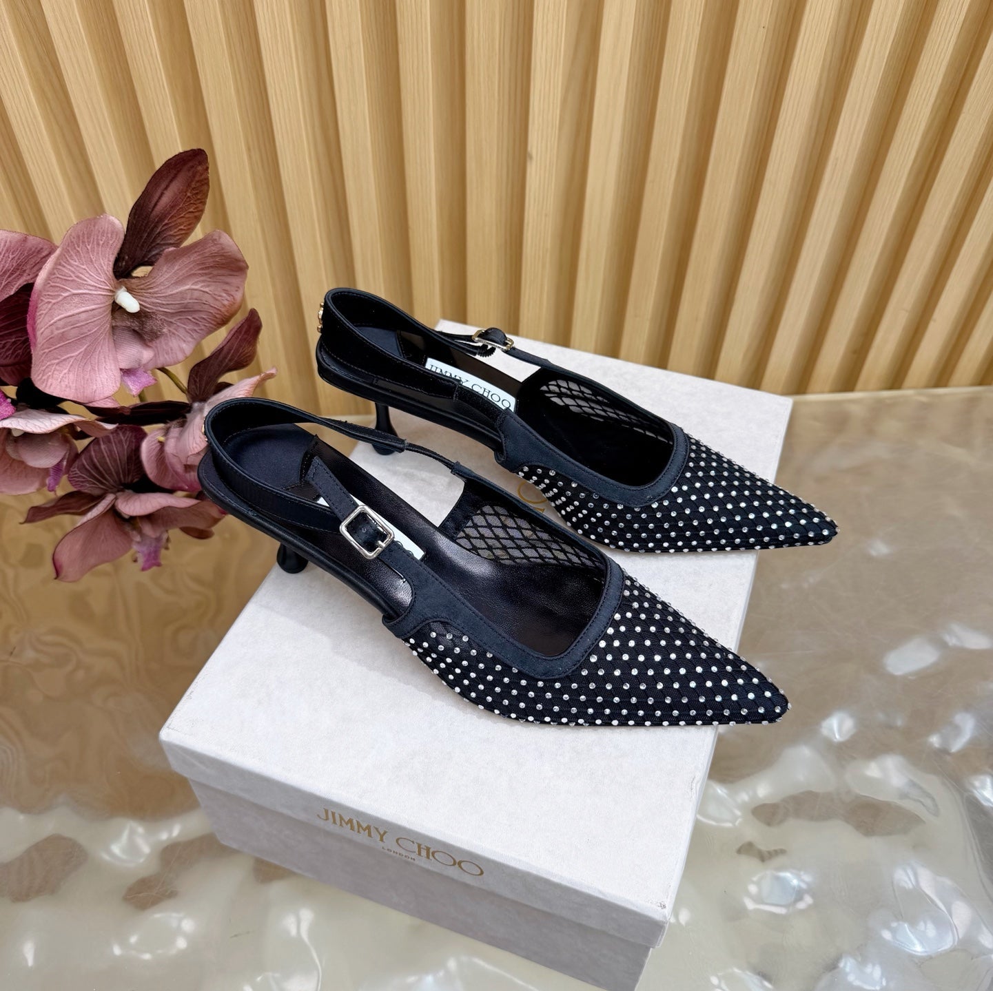 JIMMY CHOO 26S SLINGBACK HEELS 60 MM IN BLACK MESH & CRYSTALS