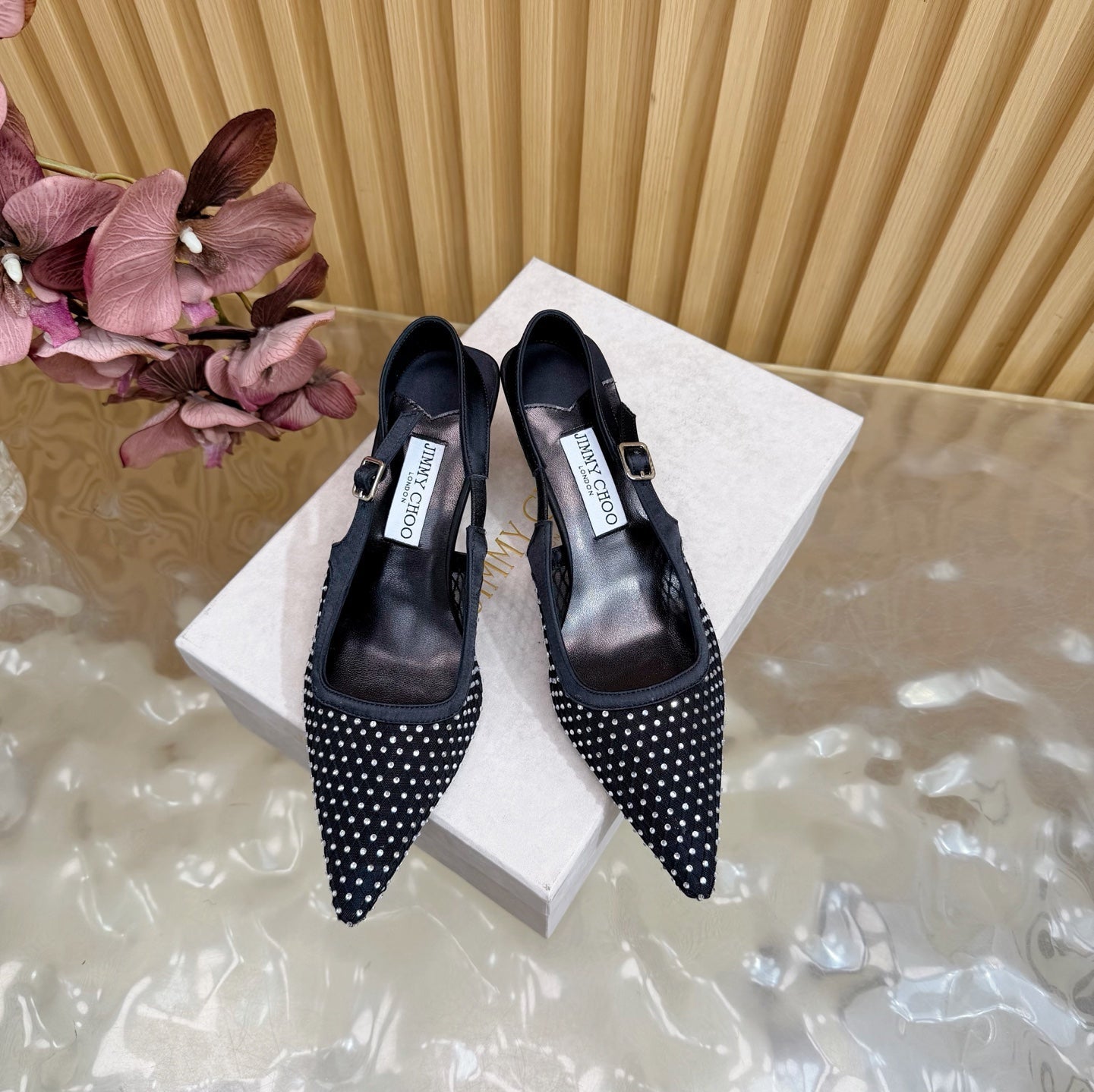 JIMMY CHOO 26S SLINGBACK HEELS 60 MM IN BLACK MESH & CRYSTALS