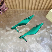 JIMMY CHOO 26S HIGH-HEELED MULES 65 MM IN GREEN SATIN WITH RHINESTONE BOW