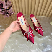 JIMMY CHOO 26S HIGH-HEELED MULES 65 MM IN RED SATIN WITH RHINESTONE BOW