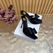 YSL 26S HIGH HEEL SANDALS 90 MM IN BLACK SILK WITH OVERSIZED BOW EMBELLISHMENT