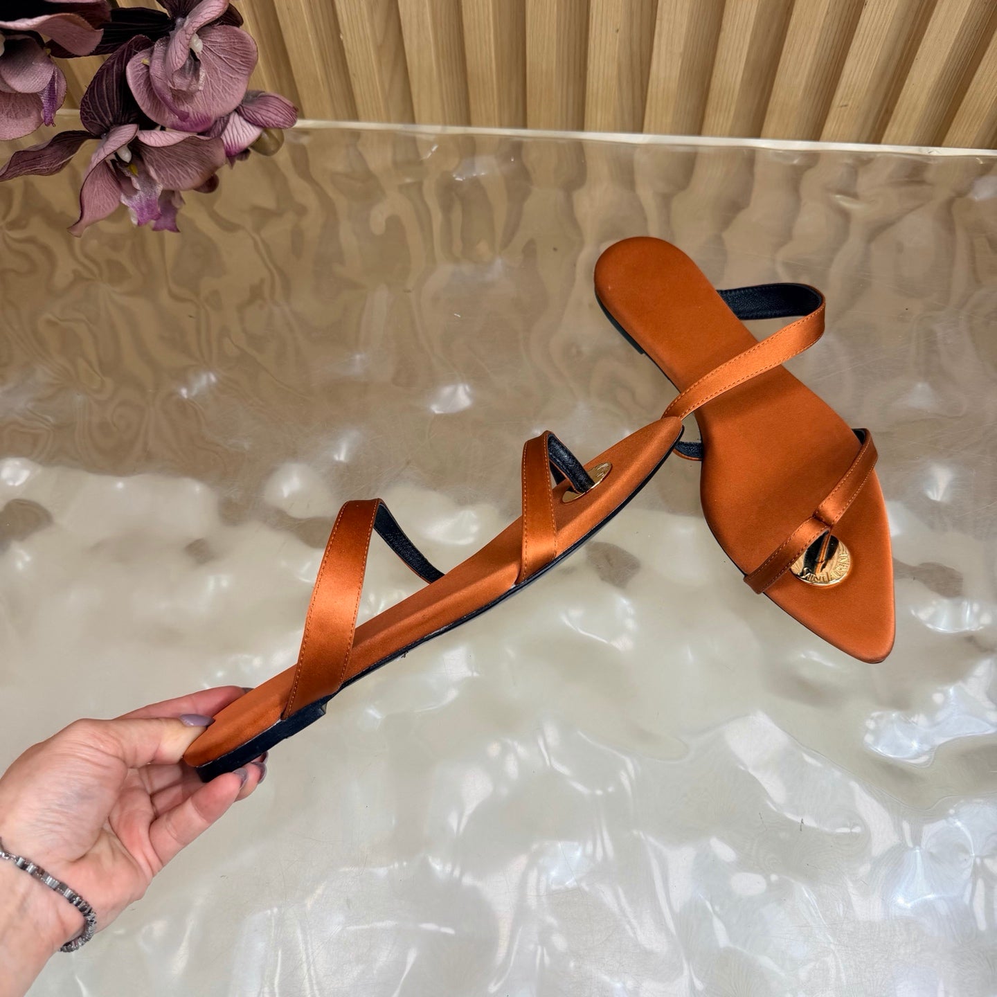 YSL 26S THONG SANDALS IN RUST BROWN FABRIC