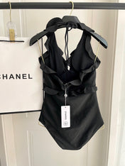CC BIKINI SWIMSUIT SET BLACK AND RUFFLED TRIM 622180
