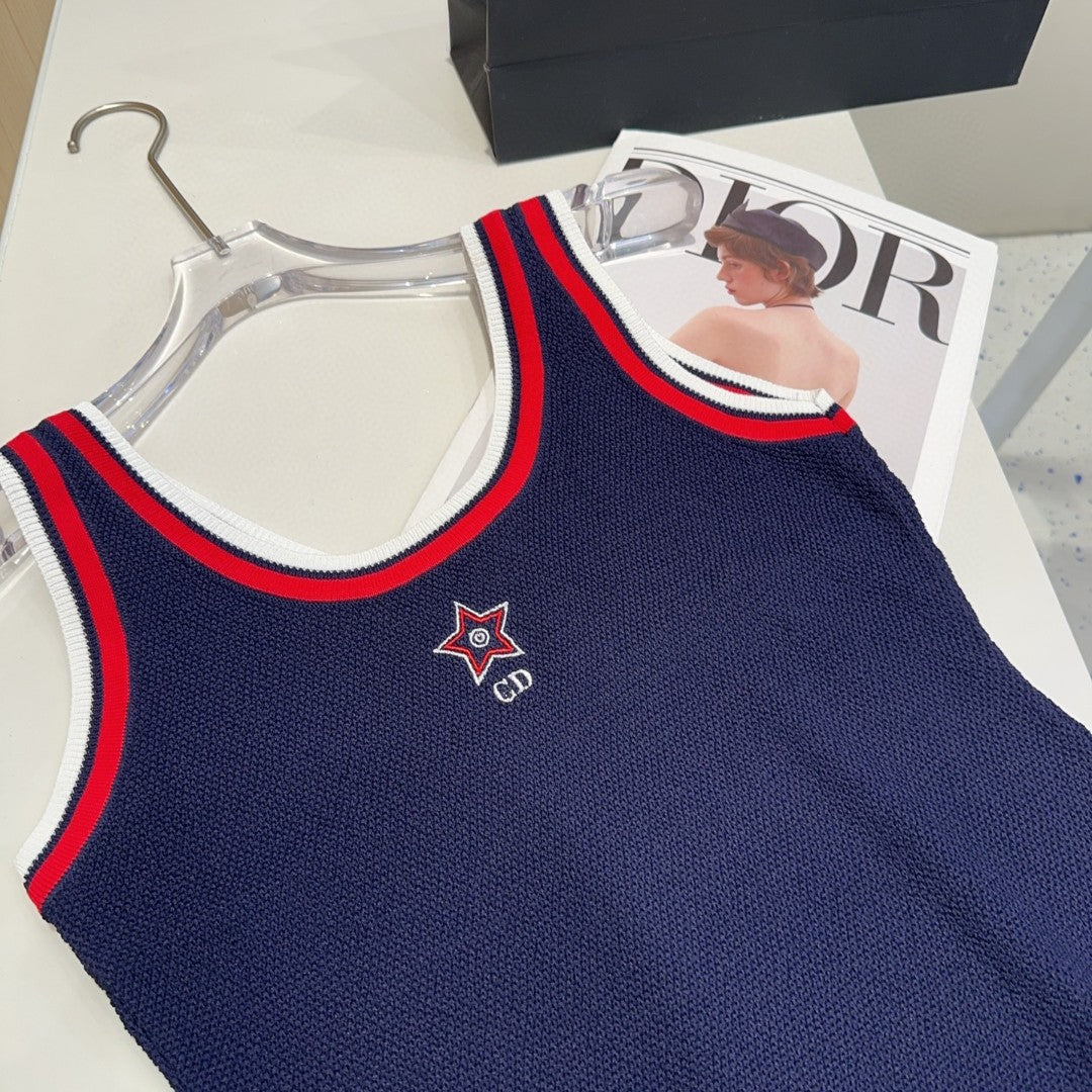 TANK TOP 610347 IN NAVY BLUE COTTON RIBBED RED TRIM