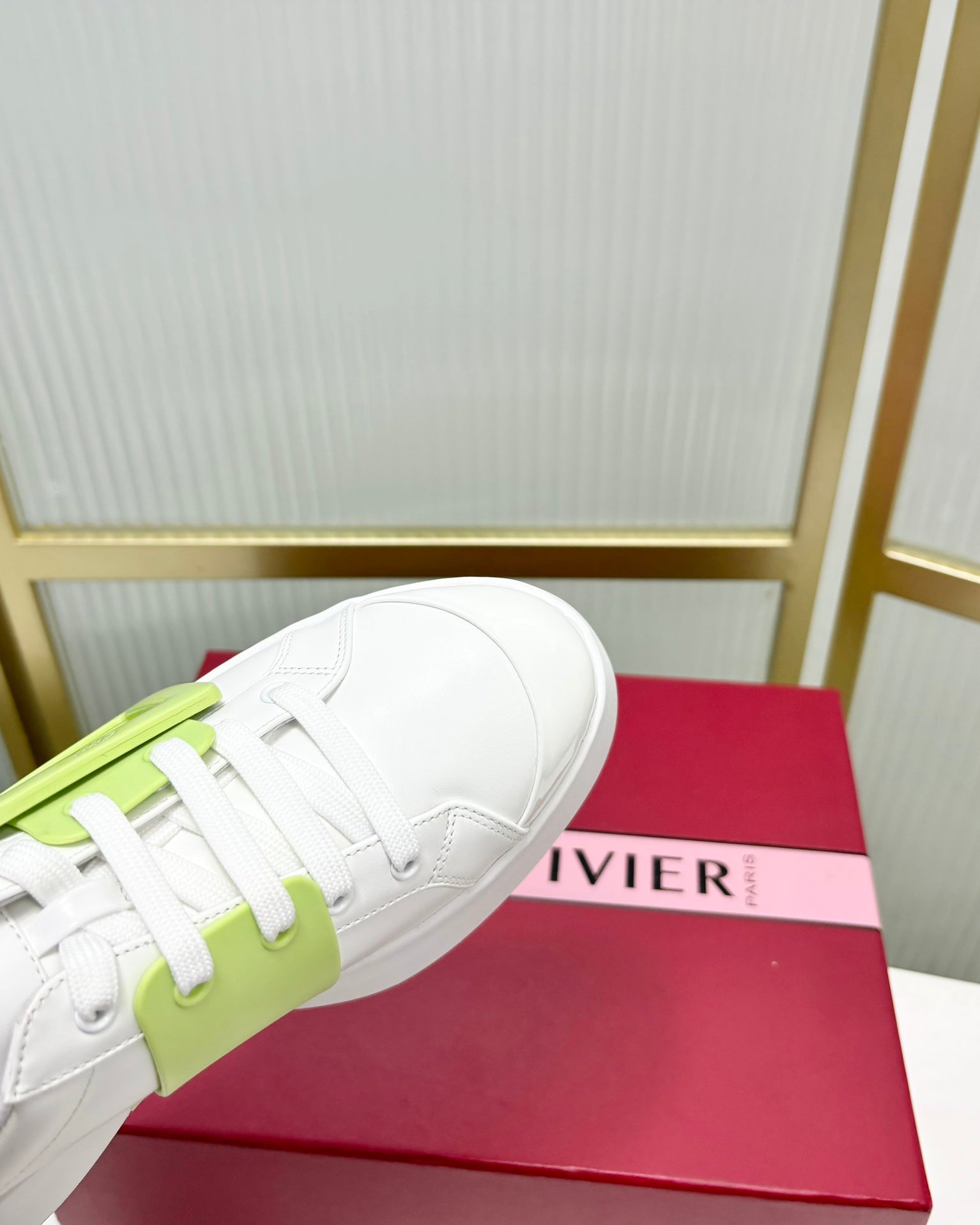 VIV' SKATE SNEAKERS IN WHITE CALFSKIN LIGHT NEON GREEN GLITTER STRAP AND CRYSTAL BUCKLE