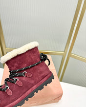 LACE-UP ANKLE BOOTS IN BERRY RED SUEDE AND FLEECE LINING