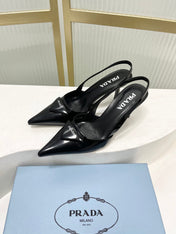 PRADA 26S SLINGBACK HIGH HEEL SANDALS 75MM IN BLACK CALFSKIN WITH LOGO