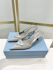 PRADA 26S SLINGBACK HIGH HEEL SANDALS 75MM IN LIGHT GRAY CALFSKIN WITH LOGO