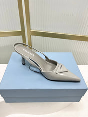 PRADA 26S SLINGBACK HIGH HEEL SANDALS 75MM IN LIGHT GRAY CALFSKIN WITH LOGO