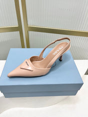 PRADA 26S SLINGBACK HIGH HEEL SANDALS 75MM IN NUDE CALFSKIN WITH LOGO