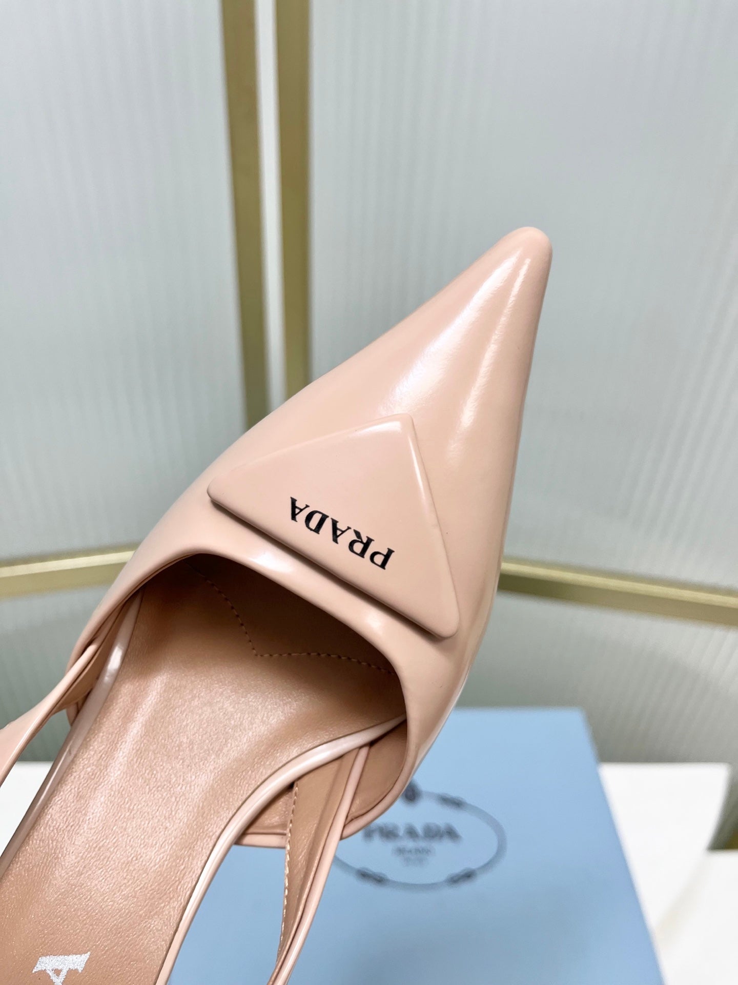 PRADA 26S SLINGBACK HIGH HEEL SANDALS 75MM IN NUDE CALFSKIN WITH LOGO
