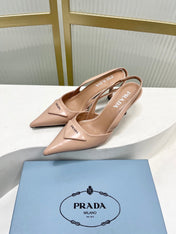 PRADA 26S SLINGBACK HIGH HEEL SANDALS 75MM IN NUDE CALFSKIN WITH LOGO