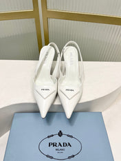 PRADA 26S SLINGBACK HIGH HEEL SANDALS 75MM IN WHITE CALFSKIN WITH LOGO