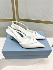 PRADA 26S SLINGBACK HIGH HEEL SANDALS 75MM IN WHITE CALFSKIN WITH LOGO