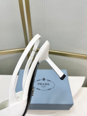 PRADA 26S SLINGBACK HIGH HEEL SANDALS 75MM IN WHITE CALFSKIN WITH LOGO