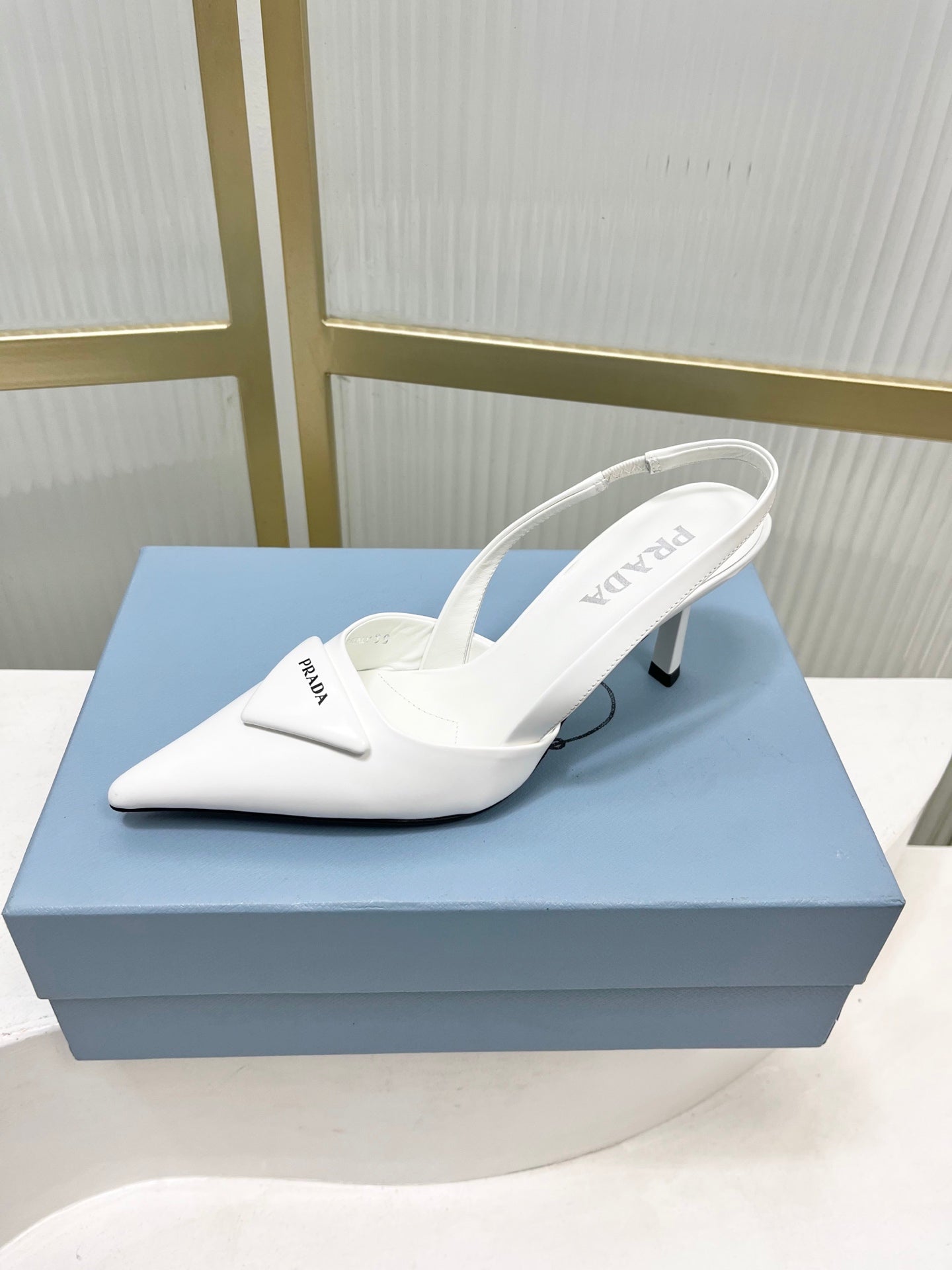 PRADA 26S SLINGBACK HIGH HEEL SANDALS 75MM IN WHITE CALFSKIN WITH LOGO