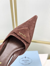 PRADA 26S SLINGBACK HIGH HEEL SANDALS 75MM IN DARK BROWN SUEDE WITH LOGO