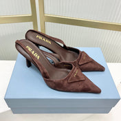 PRADA 26S SLINGBACK HIGH HEEL SANDALS 75MM IN DARK BROWN SUEDE WITH LOGO
