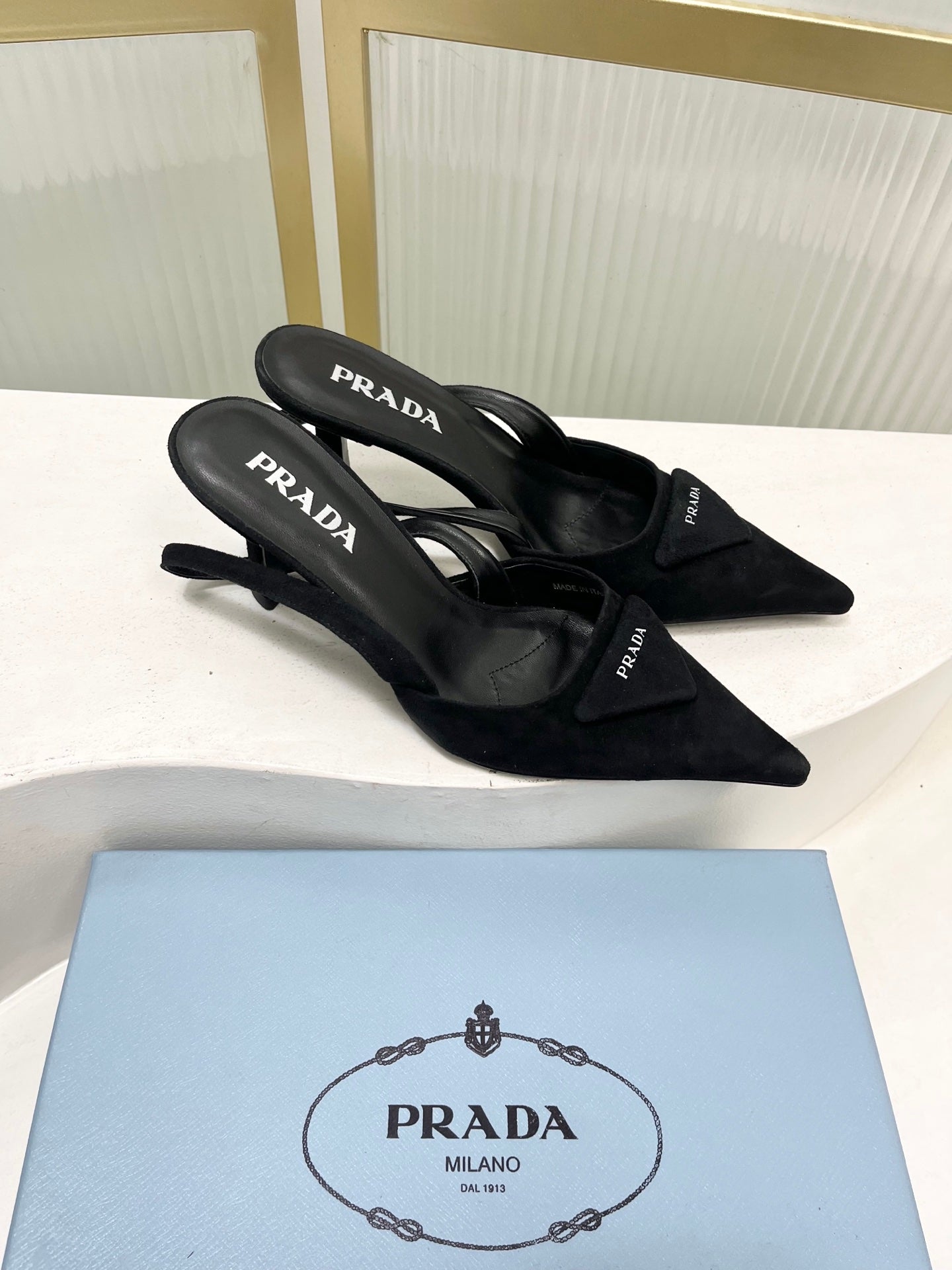 PRADA 26S SLINGBACK HIGH HEEL SANDALS 75MM IN BLACK SUEDE WITH LOGO