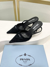 PRADA 26S SLINGBACK HIGH HEEL SANDALS 75MM IN BLACK SUEDE WITH LOGO