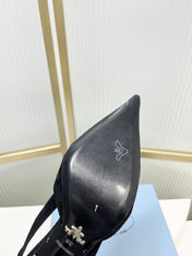 PRADA 26S SLINGBACK HIGH HEEL SANDALS 75MM IN BLACK SUEDE WITH LOGO