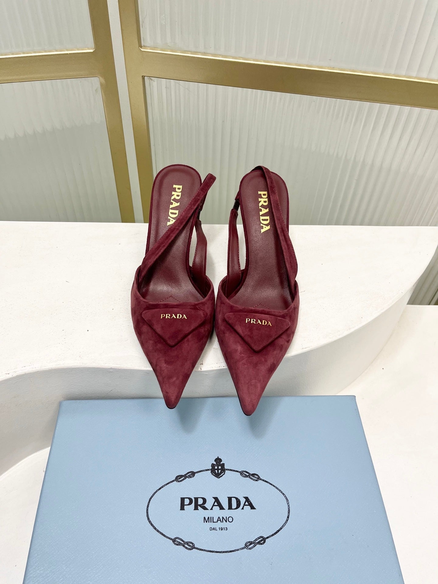 PRADA 26S SLINGBACK HIGH HEEL SANDALS 75MM IN DARK RED SUEDE WITH LOGO
