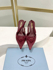 PRADA 26S SLINGBACK HIGH HEEL SANDALS 75MM IN DARK RED SUEDE WITH LOGO