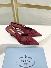 PRADA 26S SLINGBACK HIGH HEEL SANDALS 75MM IN DARK RED SUEDE WITH LOGO