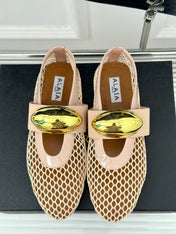 ALAIA MARY JANE SHOES IN BEIGE MESH WITH GOLD HARDWARE