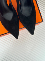 HIGH HEEL 75 MM POINTED- TOE SANDAL IN BLACK SUEDE