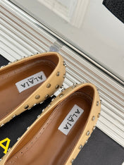 STUD-EMBELLISHED BALLET FLATS IN SEPIA TAN CALFSKIN