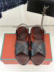 SANDALS THICK SOLE CROSS STRAP IN BLACK AND BROWN CALFSKIN