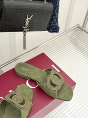 SLIDE SANDALS IN MOSS GREEN FABRIC EMBOSSED LOGO STYLE 2
