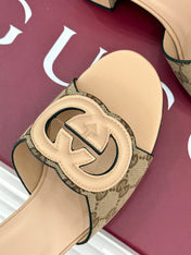 MID-HEEL MULE IN BEIGE CALFSKIN AND FABRIC