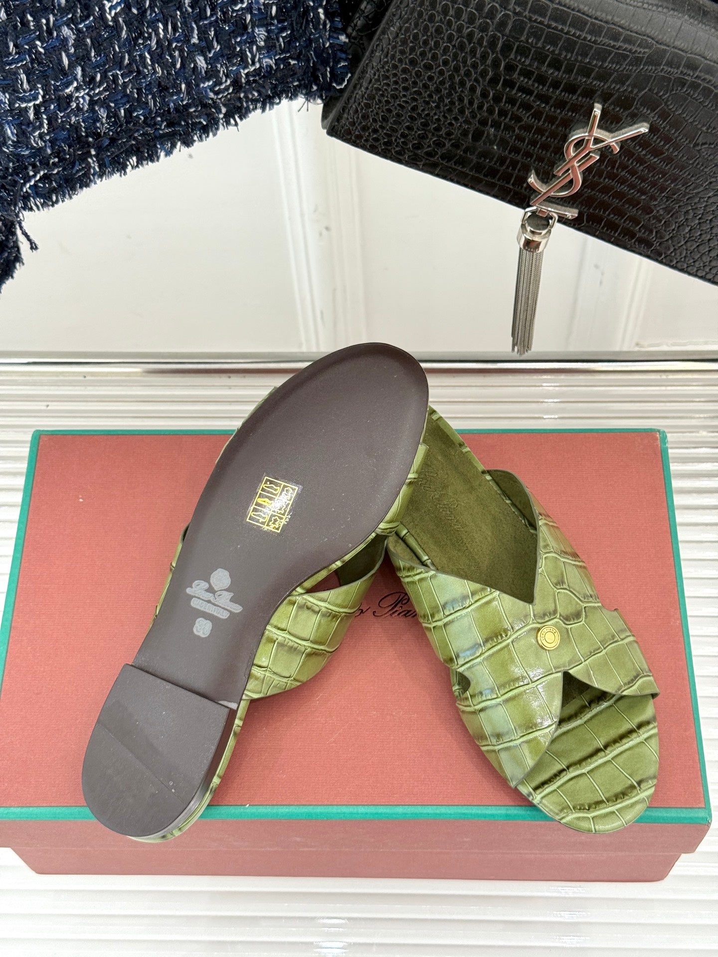 LP SANDALS 25S IN MOSS GREEN LAMBSKIN SNAKE EMBOSSING