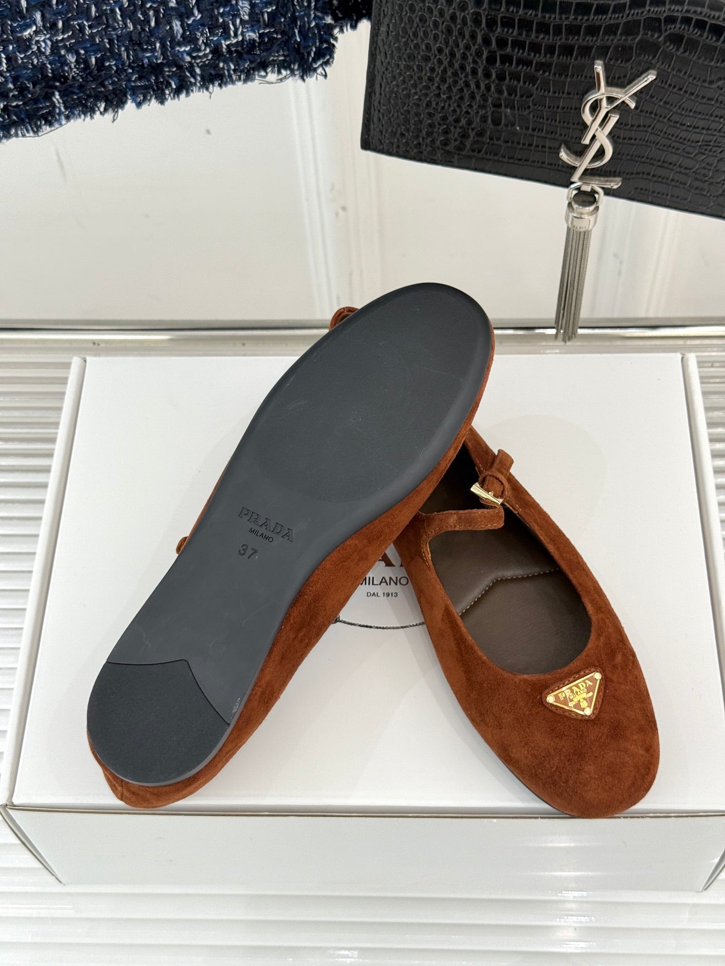 PRADA 25S SOFT PADDED BALLERINAS IN BURNT ORANGE SUEDE