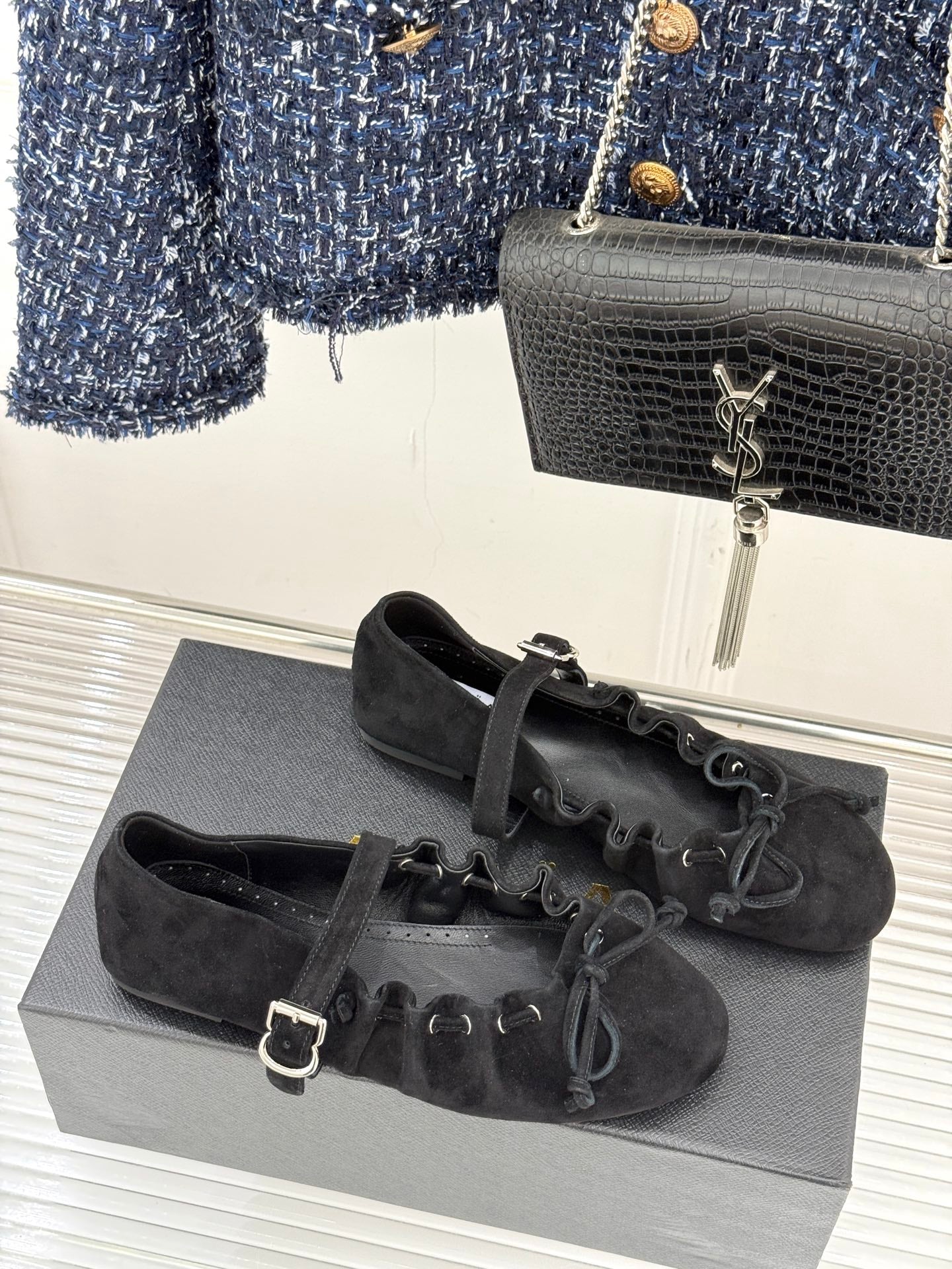 ALAIA 26S MARY JANE FLATS IN BLACK SUEDE WITH BOW
