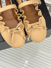 ALAIA 26S MARY JANE FLATS IN LIGHT YELLOW BEIGE LAMBSKIN WITH BOW