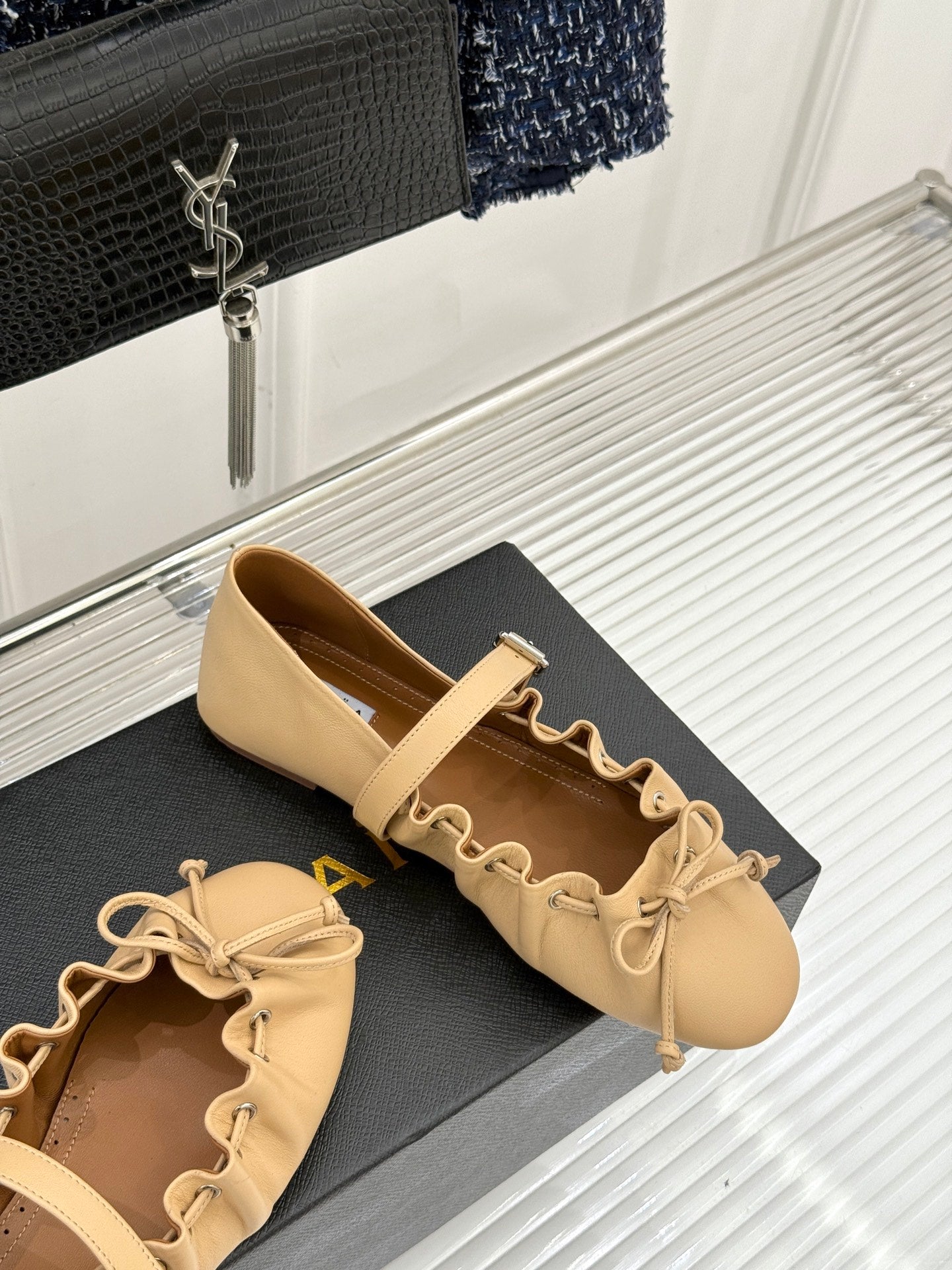ALAIA 26S MARY JANE FLATS IN LIGHT YELLOW BEIGE LAMBSKIN WITH BOW
