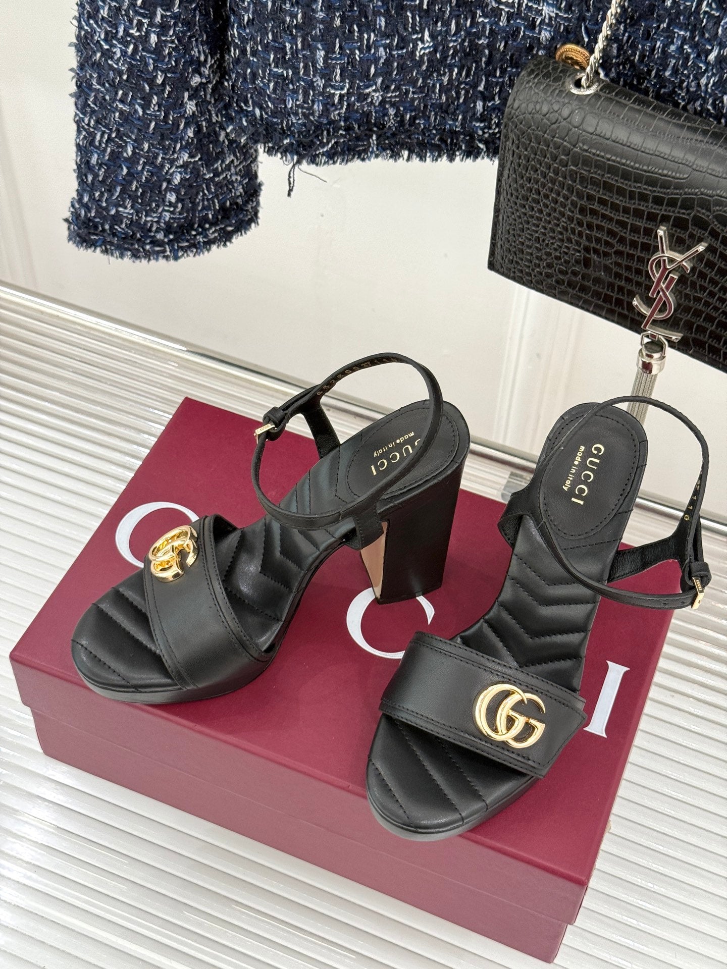 GUCCI 26S HIGH-HEELED SANDALS 120 MM IN BLACK CALFSKIN