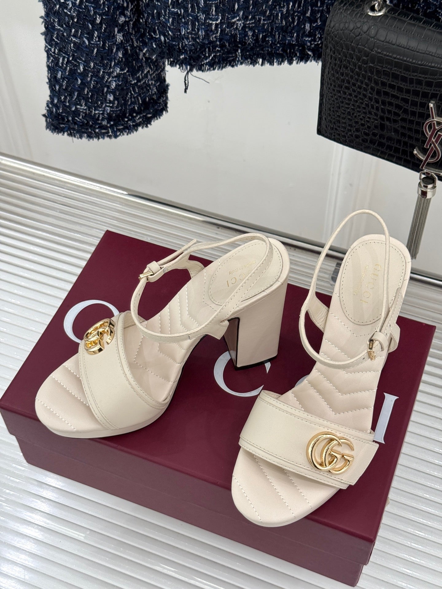 GUCCI 26S HIGH-HEELED SANDALS 120 MM IN CREAM WHITE CALFSKIN