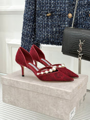JIMMY CHOO 26S HIGH HEELS 65 MM IN DARK RED LACE PEARL-EMBELLISHED