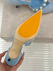 JIMMY CHOO 26S HIGH HEELS 65 MM IN SKY BLUE LACE PEARL-EMBELLISHED