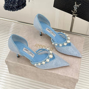 JIMMY CHOO 26S HIGH HEELS 65 MM IN SKY BLUE LACE PEARL-EMBELLISHED