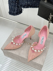 JIMMY CHOO 26S HIGH HEELS 85 MM IN LIGHT PINK LACE PEARL-EMBELLISHED