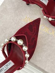 JIMMY CHOO 26S HIGH HEELS 85 MM IN DARK RED LACE PEARL-EMBELLISHED