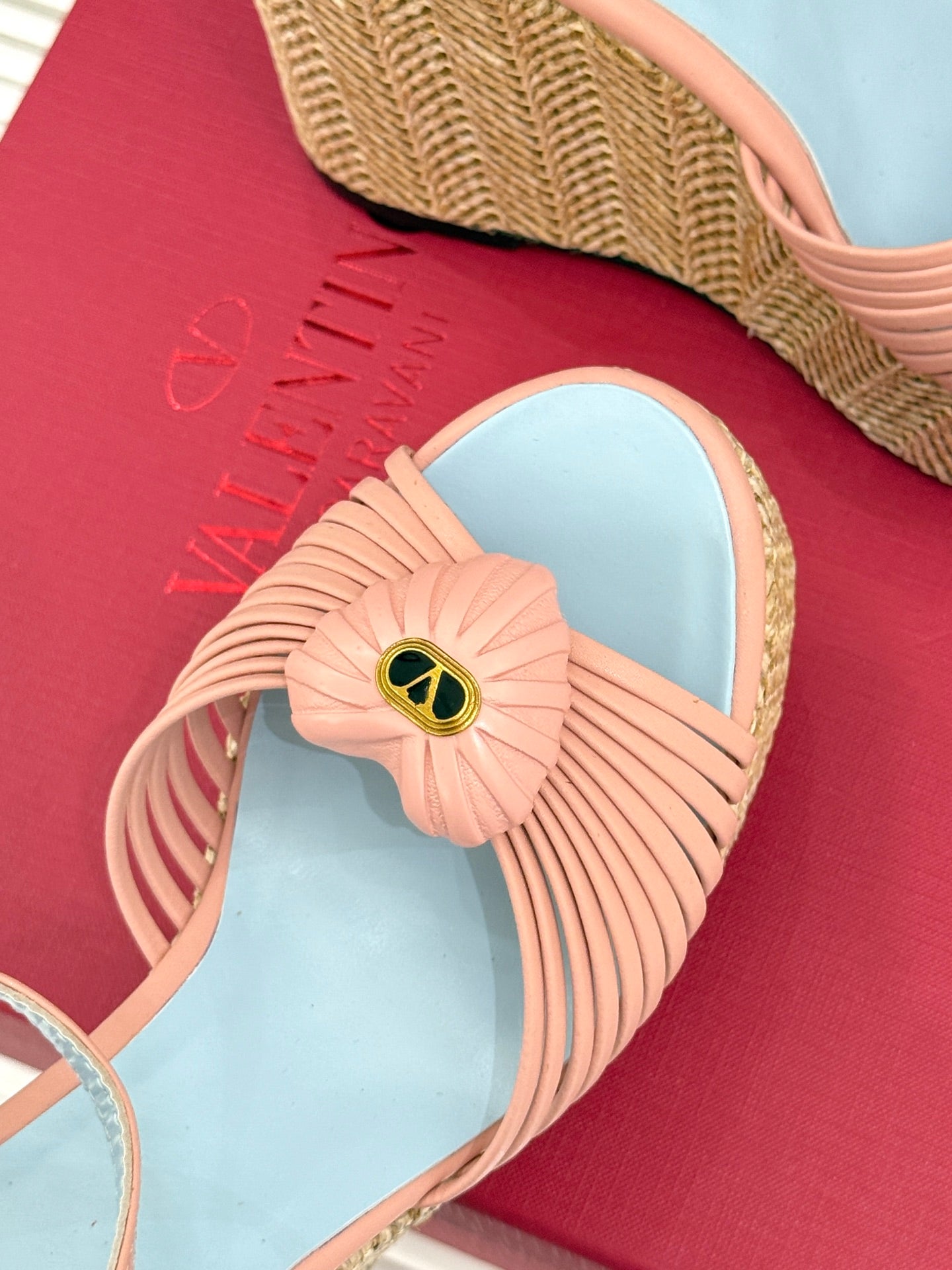 VALENTINO 26S ESPADRILLE WEDGE SANDALS 120 MM IN LIGHT PINK CALFSKIN